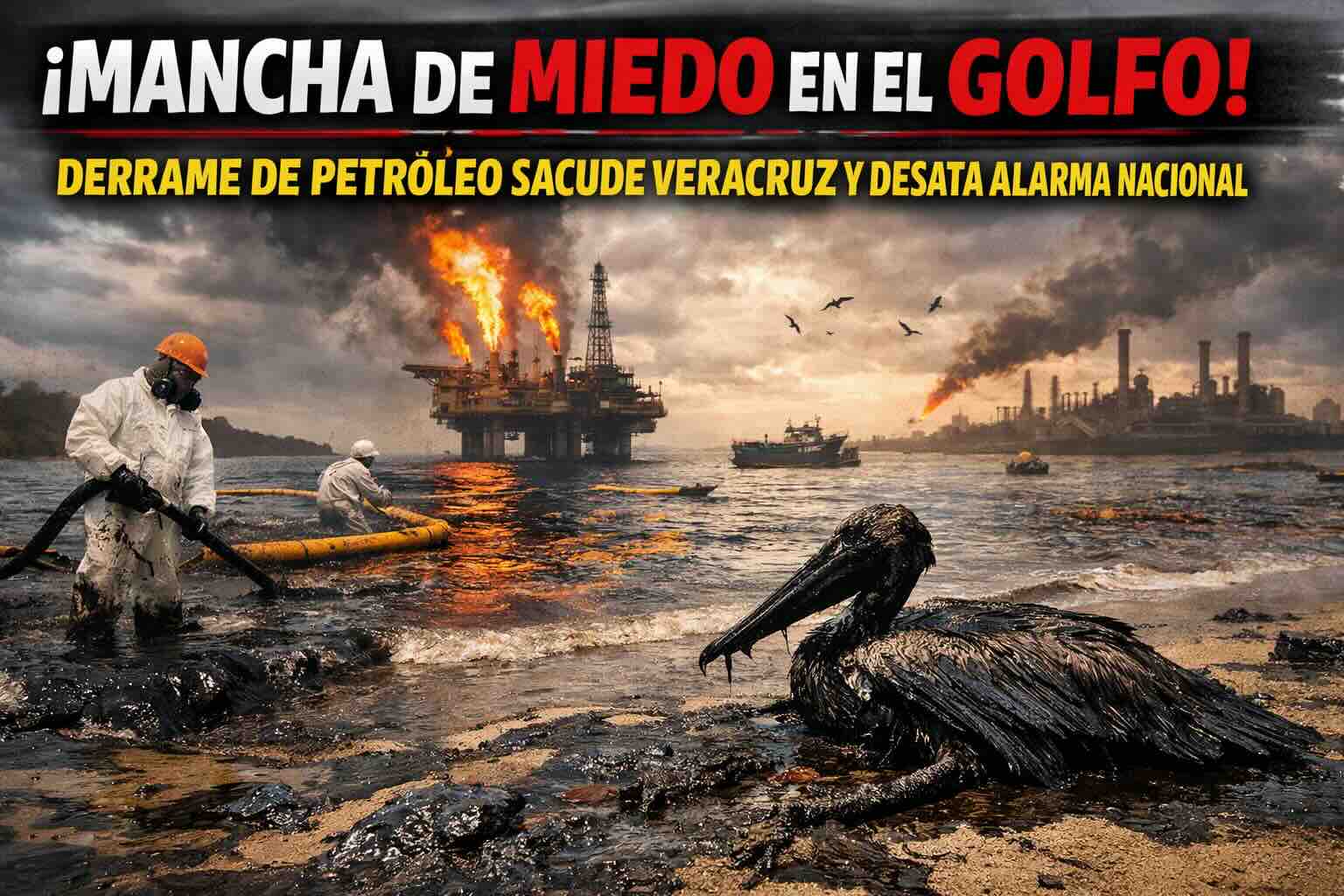 Derrame de petróleo en el Golfo de México con costa contaminada, trabajadores de limpieza y fauna afectada en Veracruz.